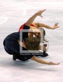 U.S. ice dance team Naomi Lang and Peter Tchernyshev compete iin the free dance program on February 18, 2002. The U.S. pair placed eleventh.
