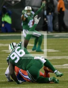 New York Jets defensive end MUHAMMED WILKERSON sacks Buffalo Bills quarterback TYROD TAYLOR in the second quarter at MetLIfe Stadiium. The Buffalo Bills went on to win 22-17.