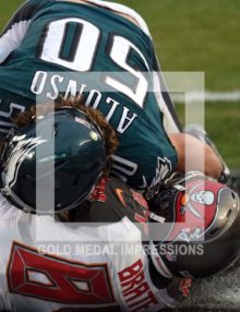 Tampa Bay Buccaneers tight end CAMERON BRATE holds on to an 8 yard touchdown pass thrown by quarterback Jameis Winston in the third quarter against the Philadelphia Eagles as Eagles linebacker KIKO ALONSO attempts to defend. The Buccaneers went on to win 45-17,