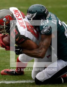 Tampa Bay Buccaneers wide receiver VINCENT JACKSON receives a 13 yard touchdown pass from quarterback Jameis Winston in the second quarter as Eagles cornerback NOLAN CARROLL attempts to defend. The Buccaneers went on to win 45-17.