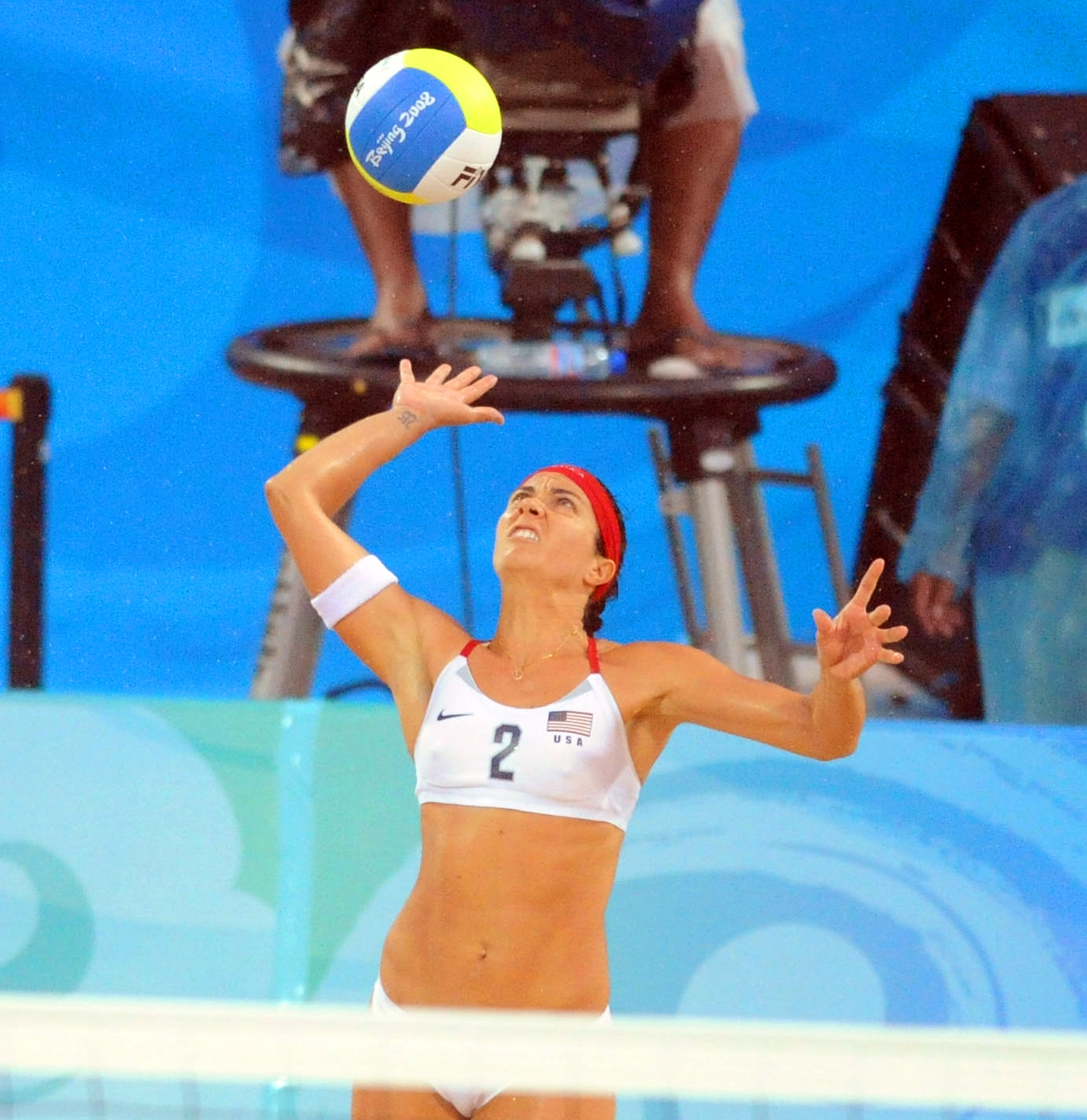 USA Misty-May Treanor serves against China in the gold medal match in Beijing. The USA team won 2-0 to win the Gold.