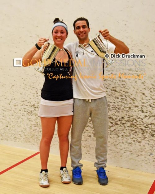 Harvard University AMANDA SOBHY and Bates College AHMED ABDELKHALEK hold their championship cups after winning the Collegiate Squash Association National Championship at Jadwin Squash Gym in Princeton University. Amanda and Ahmed are the number one collegiate squash players in the U.S.(AP PHOTOS/Dick Druckman)