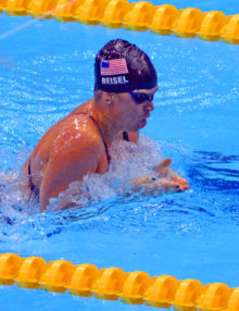 USA swimmer, Elizabeth Beisel, shows her outstanding form in the Breaststroke segment of the Women's 400 Individual Medley . Beisel earned a silver medal.(AP Photo/Dick Druckman)