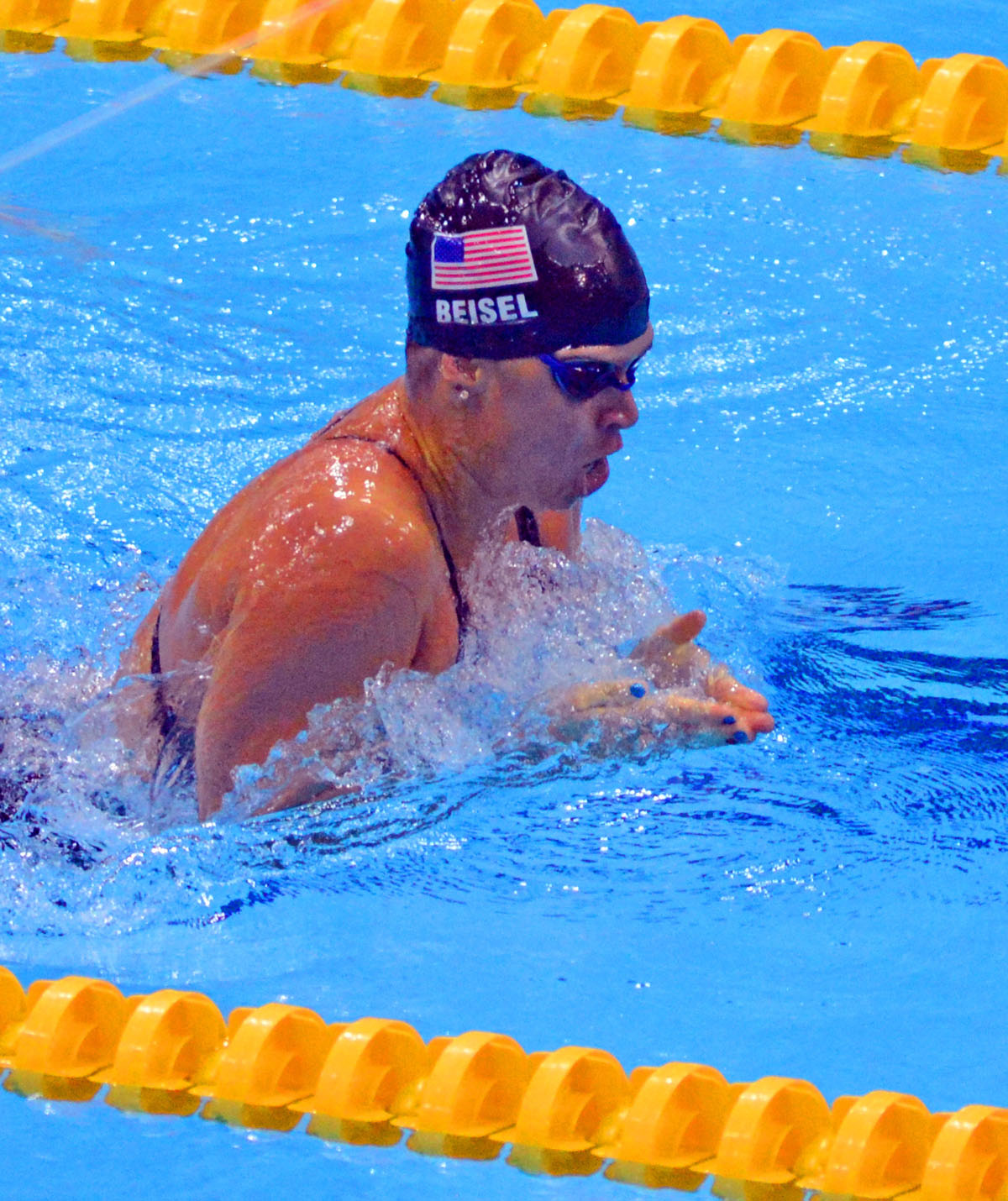 USA swimmer, Elizabeth Beisel, shows her outstanding form in the Breaststroke segment of the Women's 400 Individual Medley . Beisel earned a silver medal.(AP Photo/Dick Druckman)