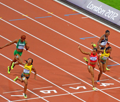 Jamaican runner, shelly-ann Fraser-pryce, defeats USA champion Carmelita Jeter by 3 hundredth of a second in the Women's 100meter in the London Olympics. Veronica Campbell Brown, from Jamaica, took the Bronze medal.