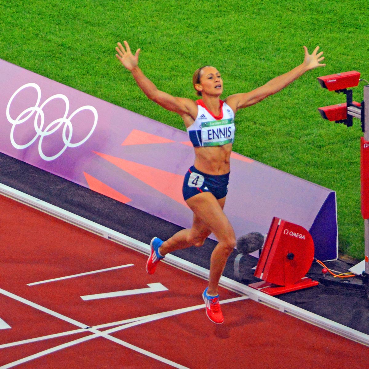 Great Britain national sports hero, Jessica Ennis, wins the women's heptathon gold medal by winning the women's 800 meter(AP Photo/Dick Druckman)