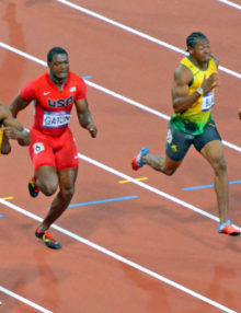Jamaica legend, Usain Bolt, wins the men's 100 meter gold medal with an olympic record time of 9.63 seconds, defeating Jamaica upcoming star Yohan Blake(9.75 seconds),and USA Justin Gatlin(9.79 seconds). USA Tyson Gay placed fourth with a 9.80 time.(AP Photo/Dick Druckman)