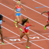 USA runner, Sanya Richards-Ross ,wins the women's 400Meter event. while her partner Trotter earns a bronze medal.