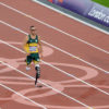 0SCAR PISTORIUS fROM THE REPUBLIC OF SOUTH AFRICA COMPETES IN THE MEN'S 400METER SEMIFINAL. OSCAR COMPETES WITH TWO ARTIFICAL LEGS.