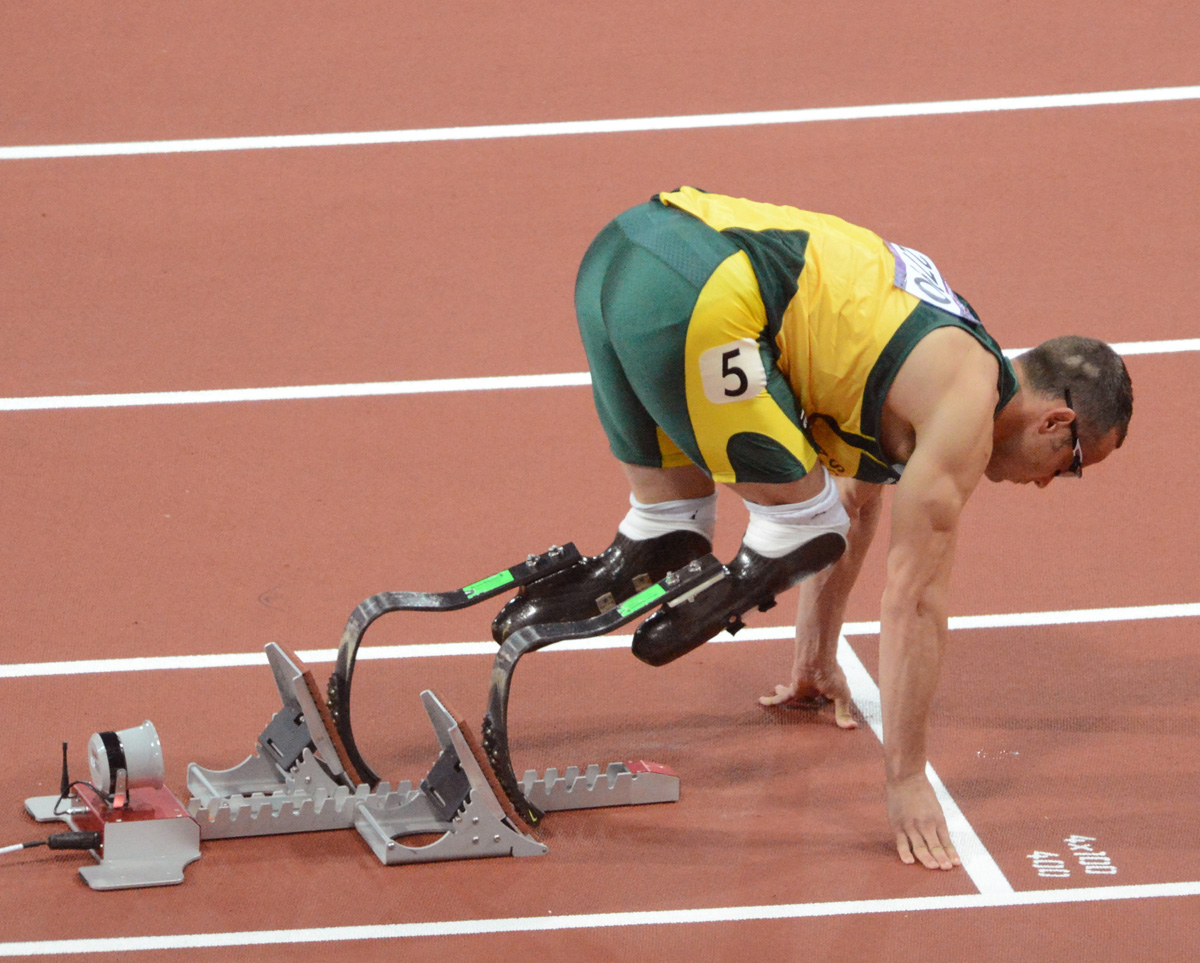 Oscar Pistorius from the Republic of South Africa gets set to compete in the Men's 400meter race with two artifical legs. Pistorius performed remarkably well given his sever handicap.(AP Photo/Dick Druckman)