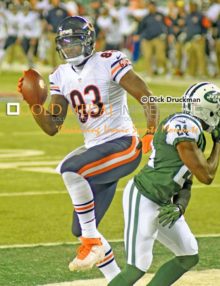 Chicago Bears tight end receives his second touchdown pass from quarterback Jay Cutler in the third quarter against the New York Jets. The Bears went on to win 27-19.(AP Photo/Dick Druckman)