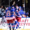 New York Rangers rookie, KEVIN HAYES, celebrates with his teammates after scoring a goal in the second period against the Washington Capitals. The Rangers went on to win 2-1 and now move on to face the Tampa Bay Lightening.(AP Photo/Dick Druckman)