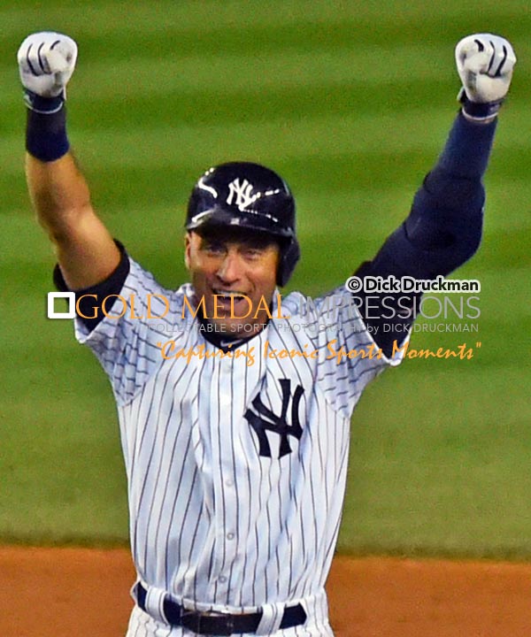 New York Yankees captain, Derek Jeter, celebrates hitting a walk-off single in the bottom of the ninth inning in his last ime at bat at Yankee Stadium. Jeter went 2 for 5, driving in 3 of the Yankees 6 runs in a 6-5 storybook ending.