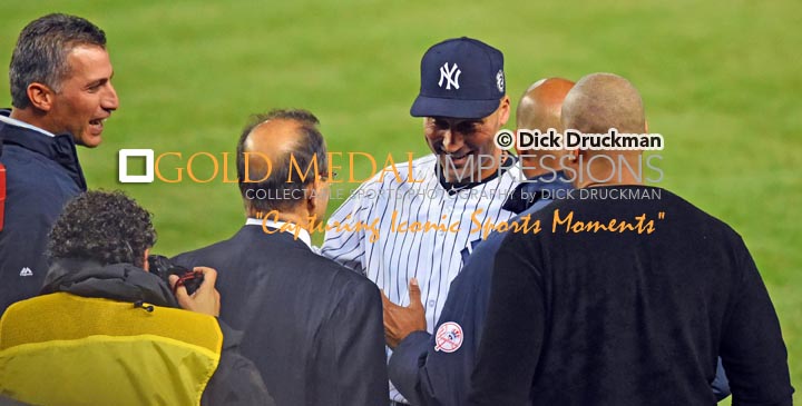After one of the most exciting story book endings of a career, Andy Pettitte, Joe Torre, and Mariano Rivera congratulate Derek Jeter after his walk-off single in his final Yankee Stadium at-bat. Derek went 2 for 5, driving in 3 runs in a come from behind 6-5 victory.