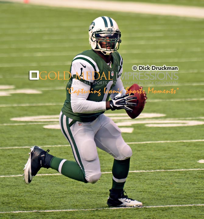 New York Jets quarterback, MICHAEL VICK, looks downfield for his receivers against the Pittsburgh Steelers in the first quarter at MetLife Stadium. VICK completed 10 of 18 passes for 132yards and no interceptions and ran for 139yards leading the Jets to a 20-13 victory