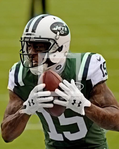 New York Jets wide receiver BRANDON MARSHALL scores his second touchdown on a 33 yard pass from quarterback Ryan Fitzpatrick in the second quarter against the New England Patriots giving the Jets a 17-3 lead. The Jets went on to win 26-20 in overtime.