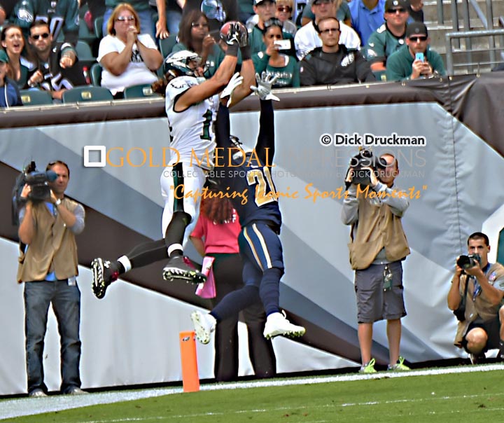 With 30 seconds left in the second quarter, Philadelphia Eagles wide receiver Riley Cooper out jumps St. Louis Rams cornerback Janoris Jenkins for a 9 yard touchdown giving the Eagles a 20-7 lead to end the first half. The Eagles with a strong effort by their defense and special teams defeated the Rams 34-28.