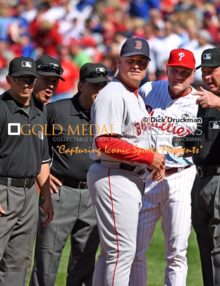 Philadelphia Phillies Manager, RYNE SANDBERG, and Boston Red Sox Manager, JOHN FARRELL, get briefed by the grounds crew prior to the Phillies Home Opener at Citizens Bank Park. The Red Sox went on to defeat the Phillies 8-0.(AP PHOTO/Dick Druckman)