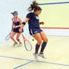 Trinity College Kanzy El Defrawy makes a behind the back shot in the women's squash individual national championships at Drexel Universty. Kanzy lost in the final championship match to Harvard University Amanda Sobyh 3-0.(AP Photo/Dick Druckman)