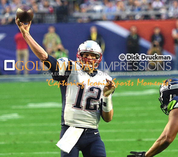 New England Patriots quarterback TOM BRADY completes pass against the Seahawks. Brady who completed 37 of 50 passes for 328 yards surpassing Joe Monta's record for the most touchdown passes in a Super Bowl was selected as Super Bowl XLIX MVP. New England Patriots quarterback TOM BRADY completes pass against the Seahawks.