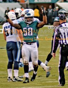 Philadelphia Eagles linebacker, TRENT COLE, celebrates sacking the Tennessee Titans quarterback, ZACH METTENBERGER in the third quarter at Lincoln Financial Field. COLE had 2 of the Eagles 5 sacks leading to a 43-24 victory.
