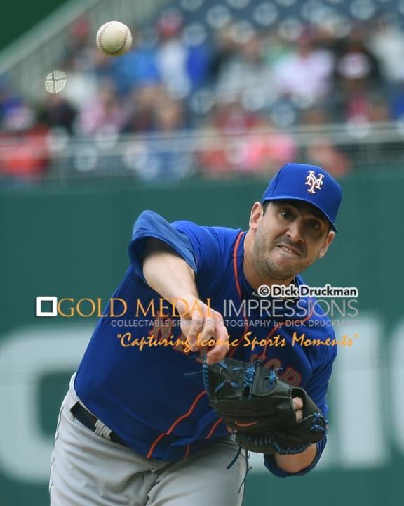 New York Mets starting pitcher, MATT HARVEY, throws his first official major league pitch since 2013 and his Tommy John surgery, a strike to Washington Nationals lead off batter MICHAEL TAYLOR at Washington Nationals Park Stadium. HARVEY threw shut out ball for 6 innings, allowing 4 hits no runs, 1 base on balls, and striking out 9 leading the Mets to a 6-2 victory.(AP Photo/Dick Druckman)