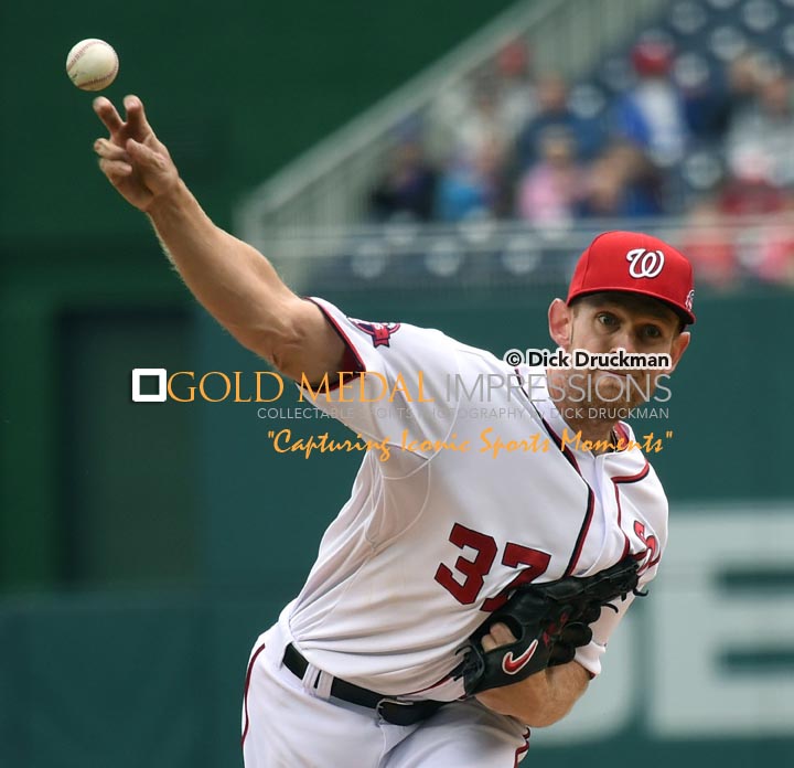Washington Nationals starting pitcher, STEPHEN STRASBURG, throws his first pitch to New York Mets Curtis Granderson, at Nationals Park. STRASBURG completed 5 i/3 innings, giving up 9 hits, 4 earned runs, 1 bases on balls with 5 strike outs. The Nationals lost to the Mets 6-2.(AP Photo/Dick Druckman)