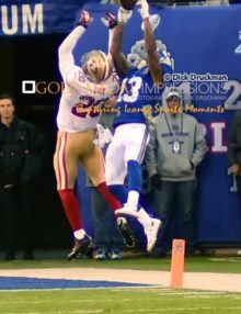 New York Giants rookie wide receiver, ODELL BECKHAM JRL leaps and catches a pass over the outstretched arms of 49ERS cornerback PERRISH COX in the fourth quarter at Met Life Stadiium. The Giants had first down on the 4 yard line and were unable to score and lost 16-10.