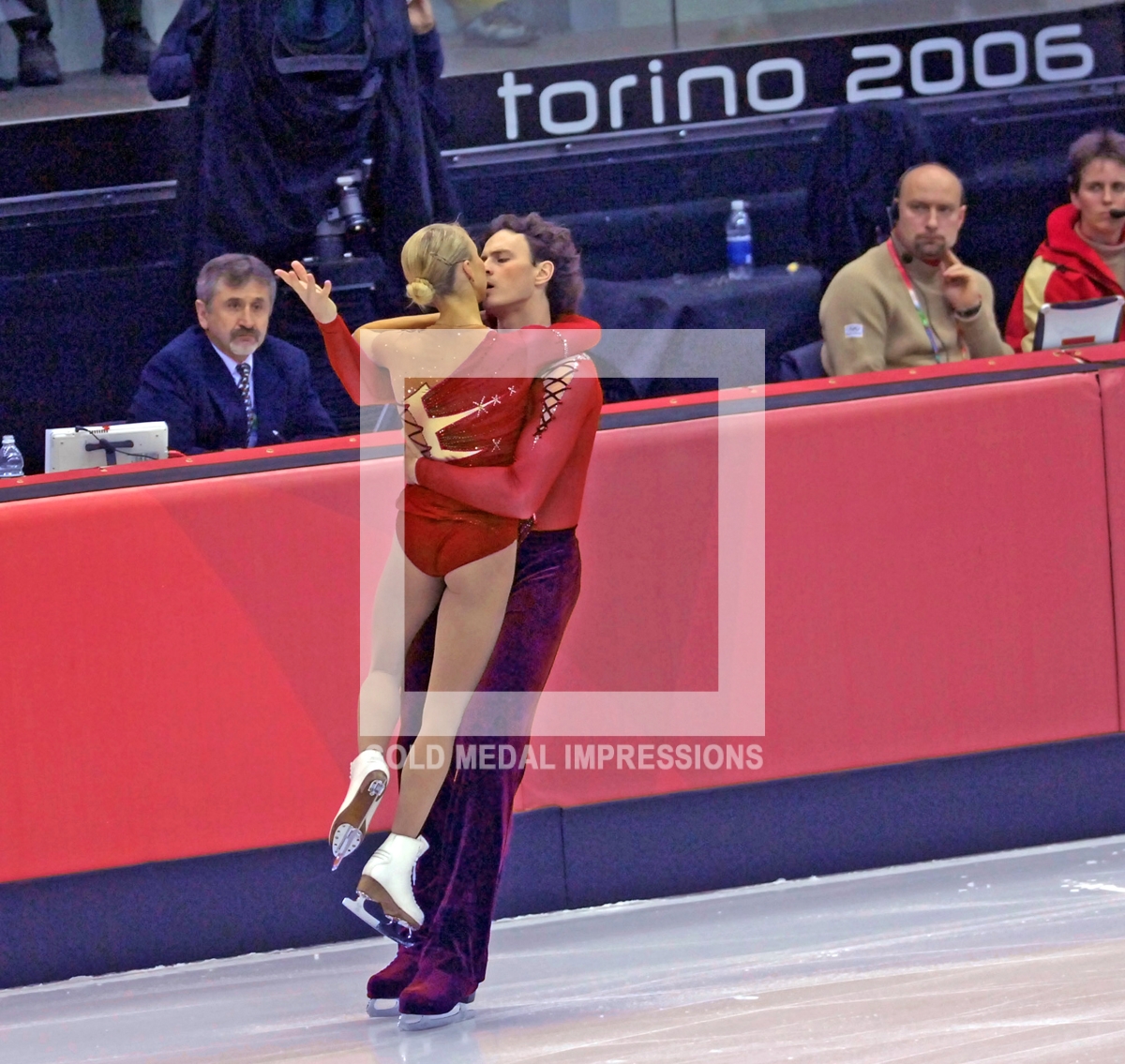 Russian Ice Skating Pairs Tastiana Totmianina and Maxim Marinin show their passion at the Free Skating Competition in Torino Italy on February 13, 2006. The Russian Pair won the Gold Medal.(AP Photo/Dick Druckman)
