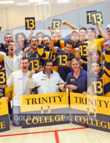 Trinity College men's squash team wins their 13th consecutive national championship, defeating Yale University 5-4 at the Murr Center in Cambridge, Mass. Trinity won its 243rd consecutive match over a 13year period, the longest winning streak in Collegiate sports.(AP Photo/Dick Druckman)