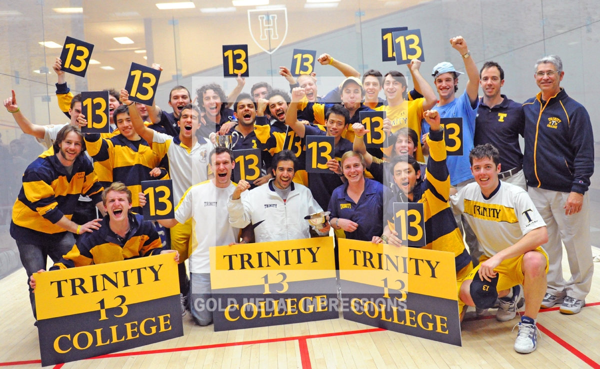 Trinity College men's squash team wins their 13th consecutive national championship, defeating Yale University 5-4 at the Murr Center in Cambridge, Mass. Trinity won its 243rd consecutive match over a 13year period, the longest winning streak in Collegiate sports.(AP Photo/Dick Druckman)