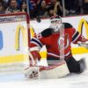 Martin Brodeur kept the Devils alive in the third period by blocking New York Rangers shot by Brad Richards. 40 year old Brodeur, blocked 33 shots on goal by the Rangers leading the Devils to a 3-2 overtime victory in game 6 of the Eastern Conference Finals to advance to their first Stanley Cup finals since 2003.(Dick Druckman)