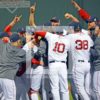 THE BOSTON RED SOX TEAM CELEBRATE WINNING THE WORLD SERIES DEFEATING THE ST. LOUIS CARDINALS IN GAME 6 BY A SCORE OF 6-1. THIS IS THE FIRST TEAM TO WIN A WORLD SERIES AT FENWAY PARK SINCE 1918.(Ap Photo/Dick Druckman)