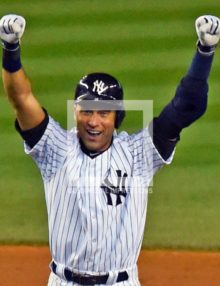 New York Yankees captain, Derek Jeter, celebrates hitting a walk-off single in the bottom of the ninth inning in his last ime at bat at Yankee Stadium. Jeter went 2 for 5, driving in 3 of the Yankees 6 runs in a 6-5 storybook ending.(