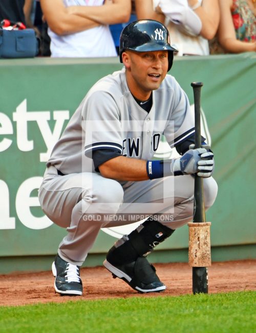 New York Yankeees captain, Derek Jeter, waits patiently in the on deck circle during the last game of his career at Fenway Park in Boston MA. Jeter ended his career going 1 for 2 getting his 3, 465th hit, driving in a run and leading the Yankees to a 9-5 victory over the Boston Red Sox.(AP Photo/Dick Druckman)