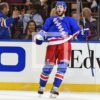 With less than a minute remaining in the second period, New York Rangers center, Derick Brassard, scores giving the Rangers a 2-1 lead going into the third period. The Rangers went on to win 3-2 in overtime.(AP Photo/Dick Druckman)