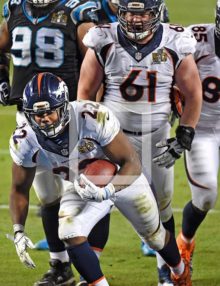 Denver Bronco's running back CJ ANDERSON scores the winning touchdown against the Carolina Panthers in the fourth quarterat Levi's Stadium. The Bronco's went on to win Super Bowl 50, 24-10.