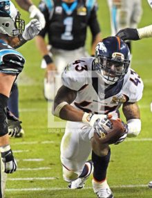 Denver Bronco's safety TJ Ward recovers a fumble by Cam Newton in the fourth quarter of Super Bowl 50. The Bronco's went on to win 24-10.