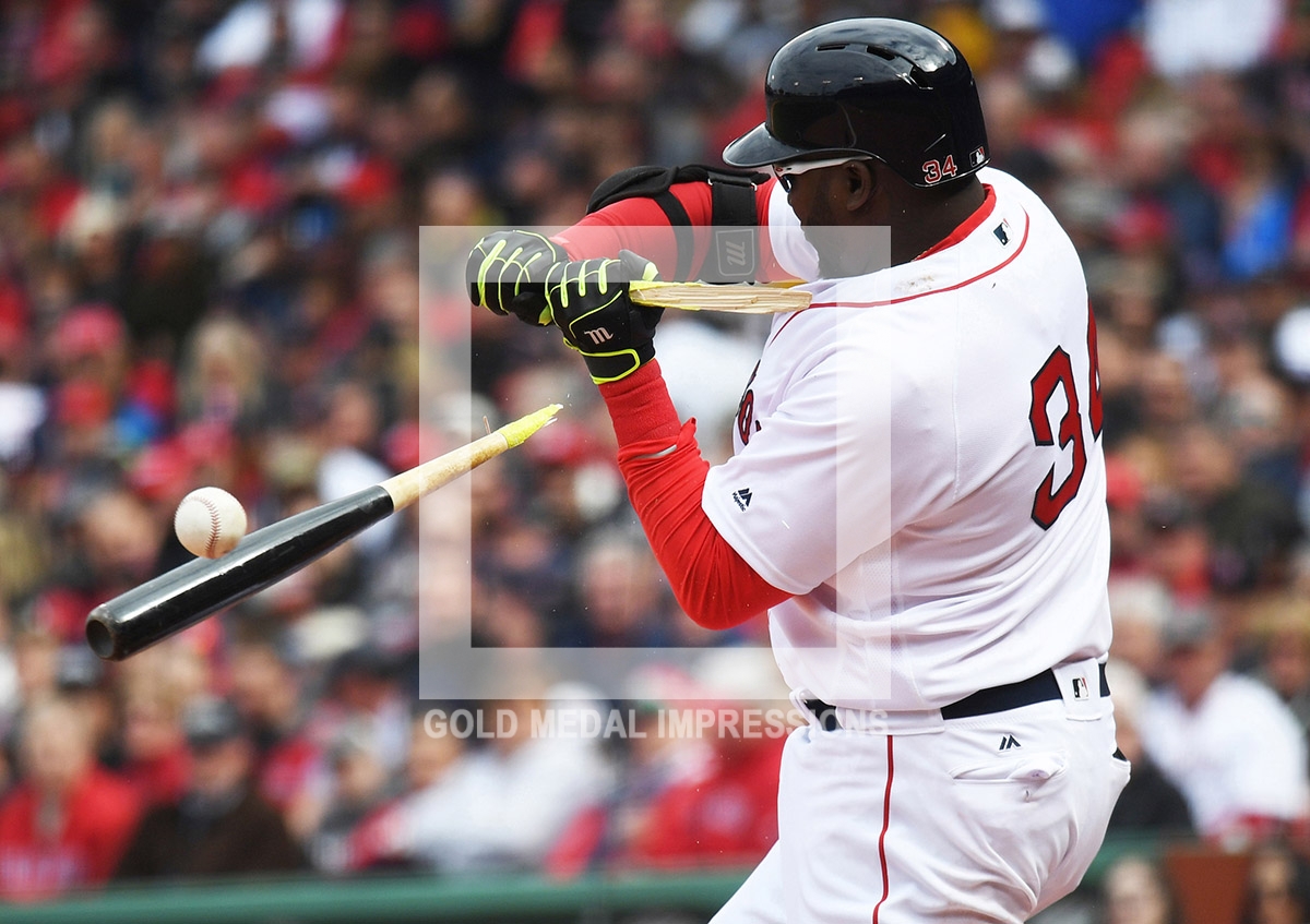 DAVID ORTIZ breaks his bat in the third inning against the Baltimore Orioles starting pitcher y Gallardo. While Ortiz went 2 for 4, the Red Sox lost their home opener 9-7.