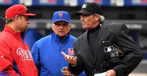 New York Mets manager, TERRY COLLINS, and Philadelphia Phillies manager, PETE MACKANIN, review the ground rules with chief umpire prior to the Mets Home Opener at CitiField. The Mets went on to win 7-2.