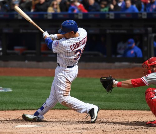 In his first home opener for the Mets, left fielder MICHAEL CONFORTO, hits an RBI double in the sixth inning. CONFORTO also hit a 2-run single in the seventh inning, leading the Mets to a 7-2 home opener victory.