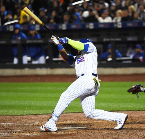 New York Mets outfileder, YOENIS CESPEDES, hits a grand slam home run in the third inning , his second hit of the inning, driving in the 9th, 10th, 11th , and 12th runs of the inning-- a New York Mets franchise record.