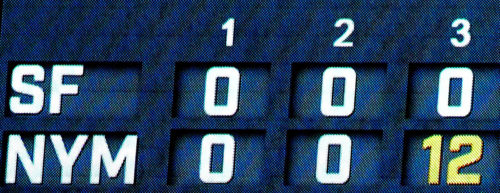New York Mets CityFIELD scoreboard showing that the Mets scored 12 runs in the third inning against the SanFrancisco Giants--- a franchise record. The Mets went on to wiiin 13-1.