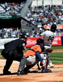 In his first time at bat in a New York Yankees uniform, former Chicago Cubs second baseman, STARLIN CASTRO, hits a two-run double down the third baseline giving the Yankees a 2-0 lead over the Houston Astros in the second inning. Houston battled back to tie the game in the 6th inning and untimately win 5-3.