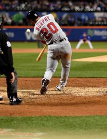 Former New York Mets second baseman, and now second baseman for the Washington Nationals, DANIEL MURPHY, hits a double off of New York Mets reliever, LOGAN VERRETT, in the fourth inning at citiFIELD. The Nationals went on to win 9-1.