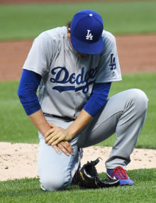 Los Angeles Dodgers KENTA MAEDA hit by a line drive