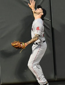 Boston Red Sox left fielder BLAKE SWIHART looks up at the first of 2 home runs