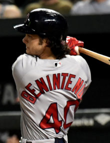 Red Sox rookie outfielder ANDREW BENINTENDI hits a two-out RBI single