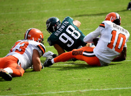 Philadelphia Eagles defensive end CONNOR BARWIN sacks Cleveland Brown's quarterback RG3