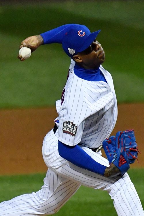 Chicago Cubs reliever AROLDIS CHAPMAN throws a strike